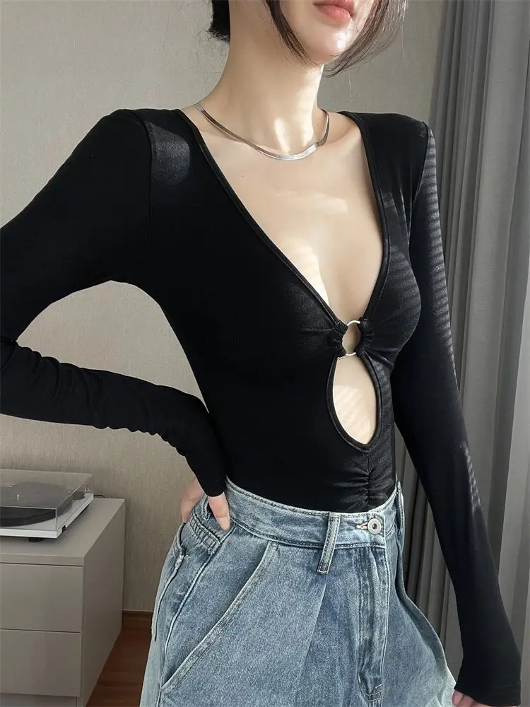 Fashion Women¡¯s Long-sleeved Bodysuit Solid Color Hollow Low-cut V-neck Jumpsuit Sexy Spicy Girl Top Club Y2k Clothing