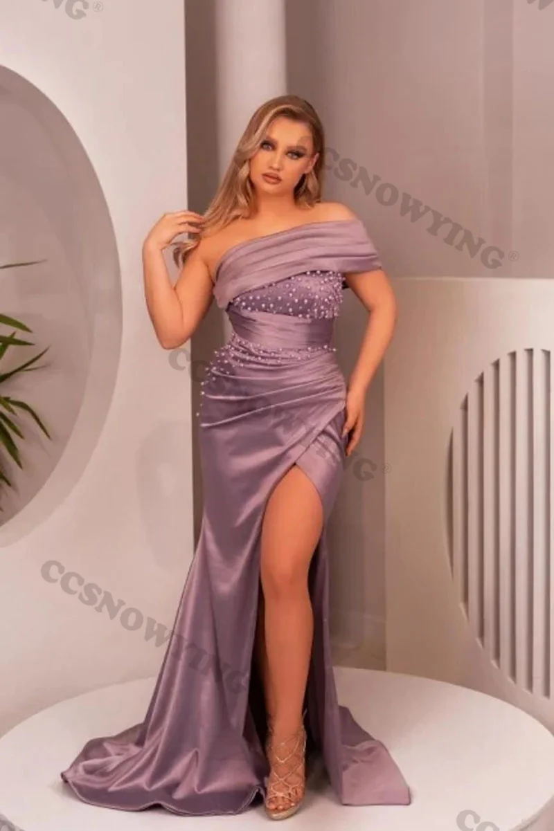 

Sexy Mermaid Satin Beaded Prom Dresses One Shoulder High Slit Evening Gowns Women Formal Party Dress Robe De Soiree