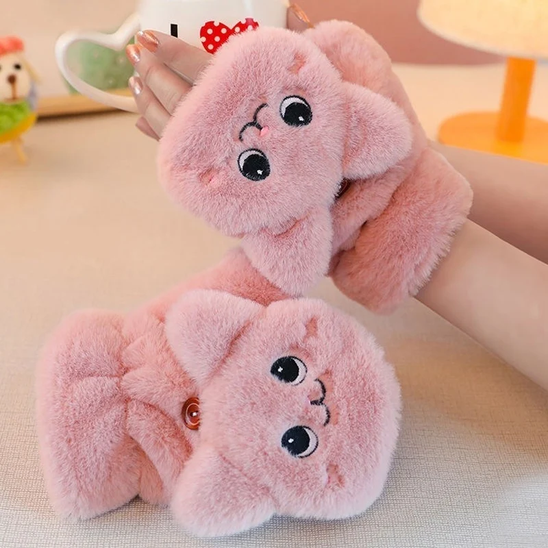 لطيف الأرنب الفراء متماسكة القفازات أفخم أصابع قفازات الوجه نصف اصبع القيادة قفاز الشتاء لينة الدافئة قفازات سميكة للنساء فتاة