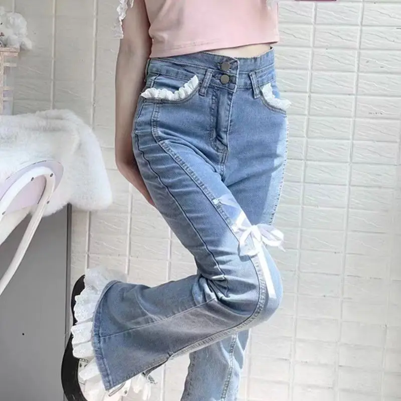 Sweet and Spicy Girl Lolita Small Stature Lace Strap Autumn and Winter Slim Fit Elastic Split Slim Flared Wide Leg Pants Jeans