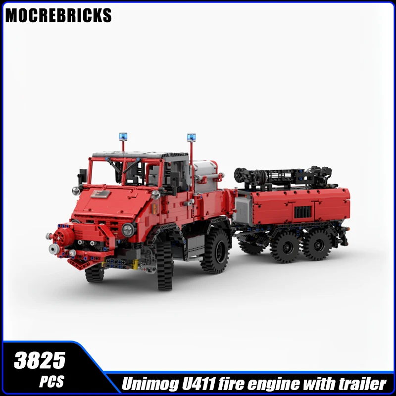 Moc-166417 City Fire Department Unimog U411 Fire Engine Con Rimorchio Building Block Technology Assembly Model Brick Toy Gifts
