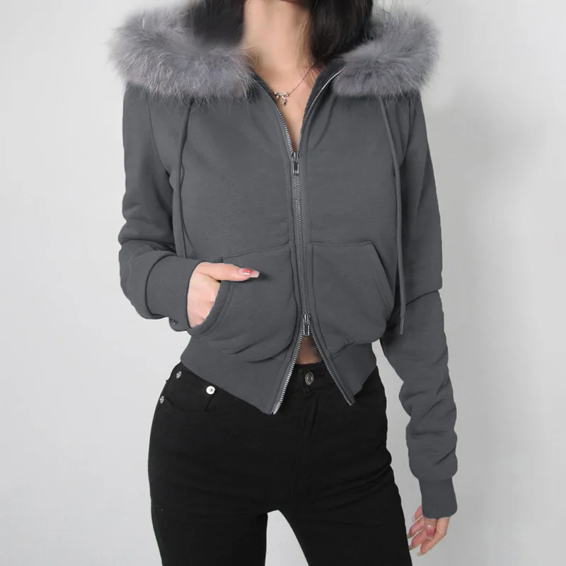 Women's Fur Collar Zip-Up Hoodie, Chic Streetwear, Aesthetic Vintage Cardigan