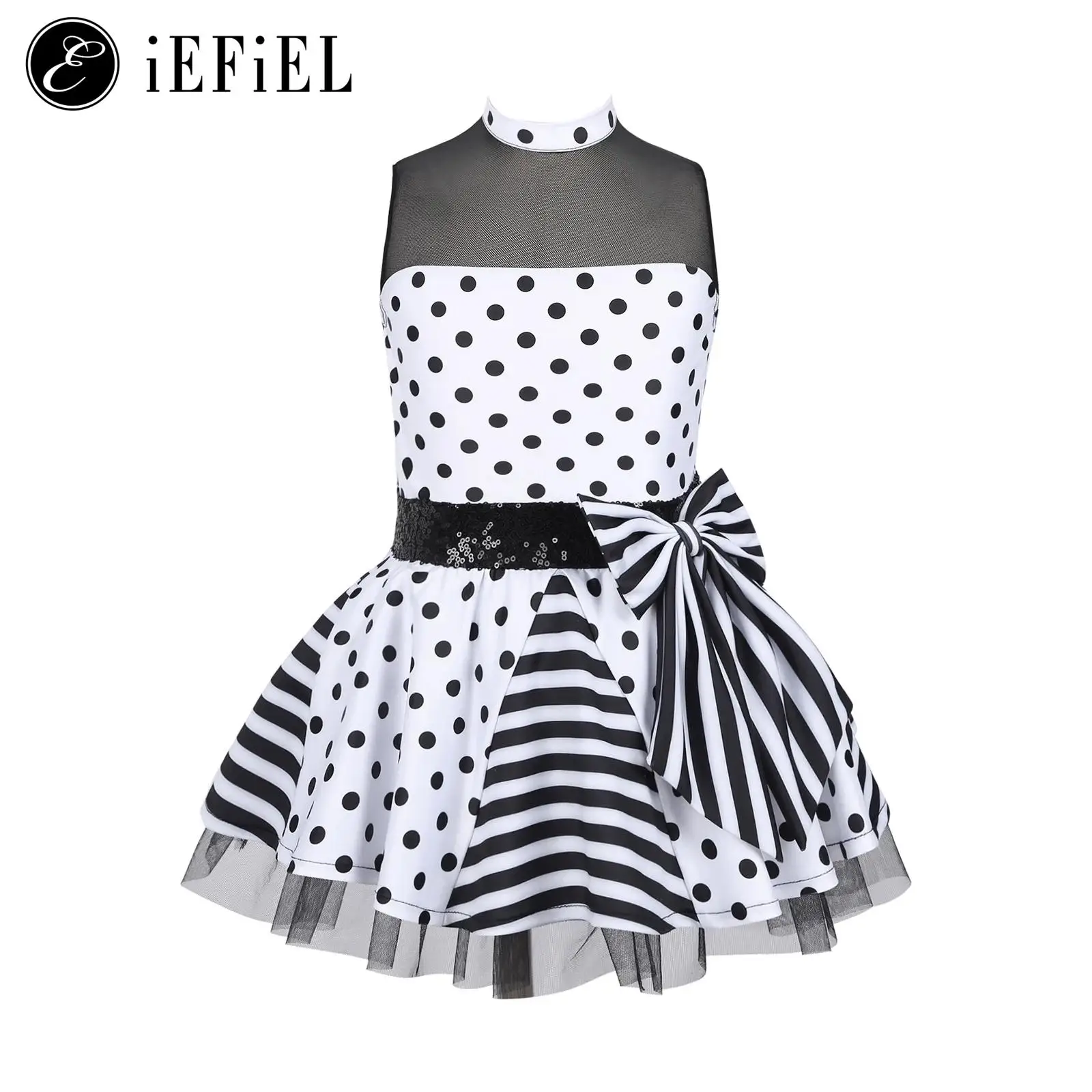 

Kids Girls Polka Dots Sequins Sleeveless Mock Neck Bowknot Ballet Dance Tutu Dress Leotard Stage Performance Costume Dancewear