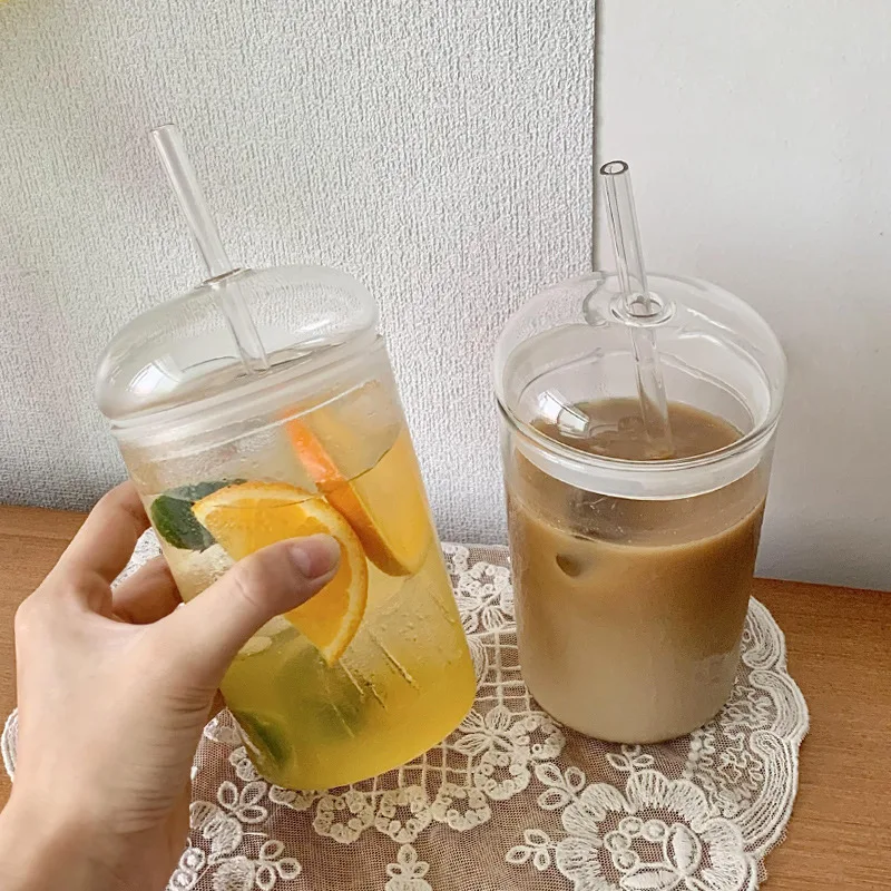 550ml/400ml Glass Cup Lid Straw Transparent Tea Juice Beer Milk Breakfast  Mug - Glass - Aliexpress