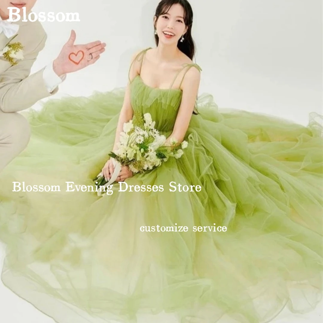 

Fairytale Green Tulle Prom Dresses Spaghetti Straps Ruffles Princess Evening Dress Princess Formal Party Gown 우아한 이브닝 롱드레스
