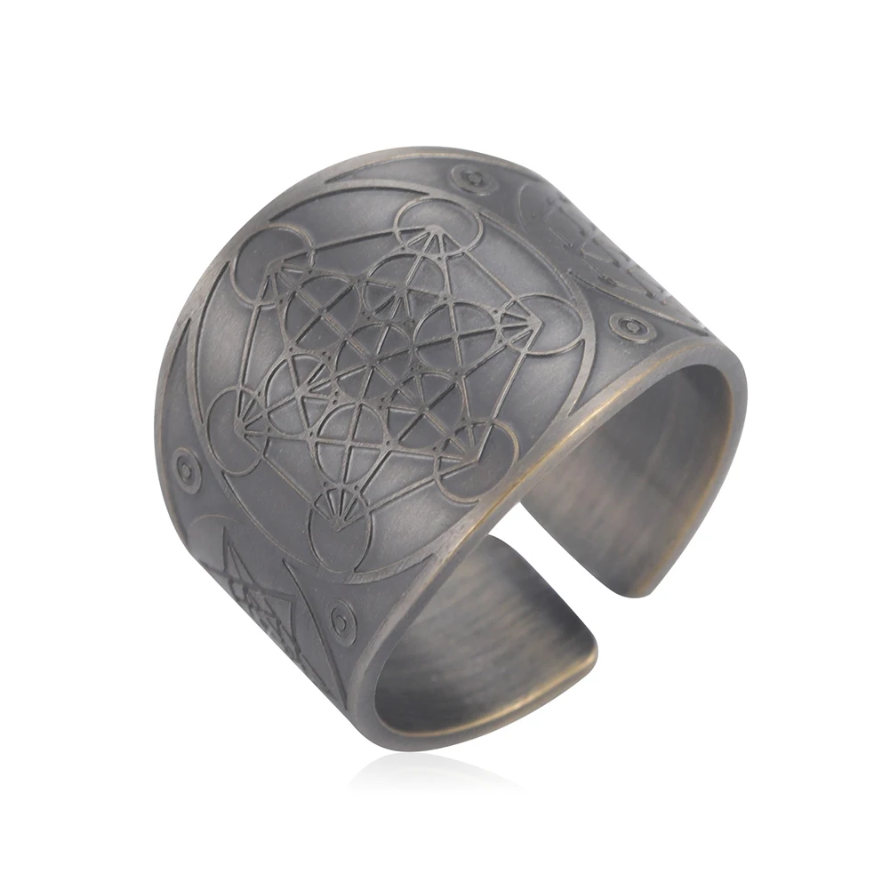 Kkjoy Edelstahl Goldfarben Kupfer Antike Bronze Sechseckiger Stern Magischer Kreis Mond Offener Ring für Männer Party Geschenk Einzelhandel – Detail 16