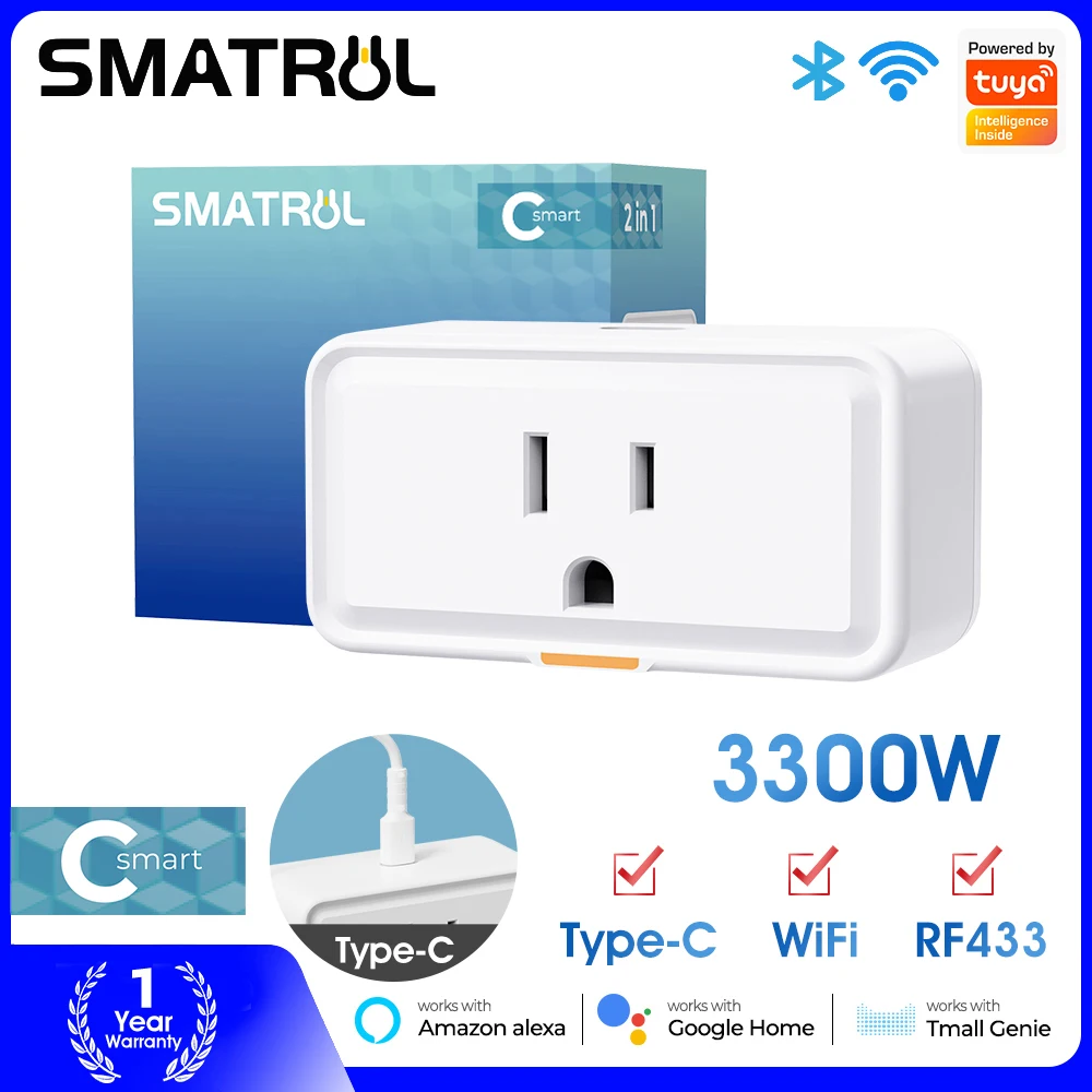 RF433 Tuya Smart Plug US Wifi Socket 20A 3300W Overcharge Protection AC Wall Outlets With Timer Type-C Port Power Monitor Socket