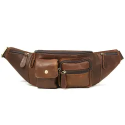 2024 Men's Chest Bag Leather Men's Bag Crazy Horse Leather Retro Casual Crossbody Phone Waist Hanging Bag
