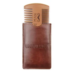 Men's Premium Wooden Beard & Mustache Comb with Leather Case - Fine & Coarse Teeth (Green)