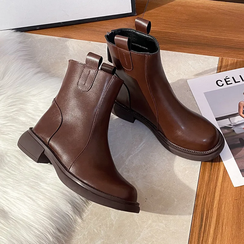 Women's Thick Sole Short Boots British Style Round Head Solid Colour Platform Boots Back Zip Non-slip Shoes Botas Para Mujeres