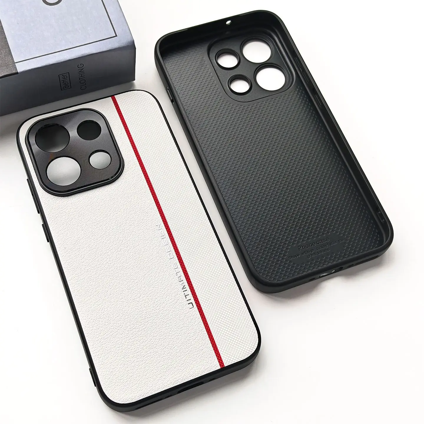 Stylish Red Line Textured PU Leather Phone Case with Metal Camera Protection and Shockproof Design