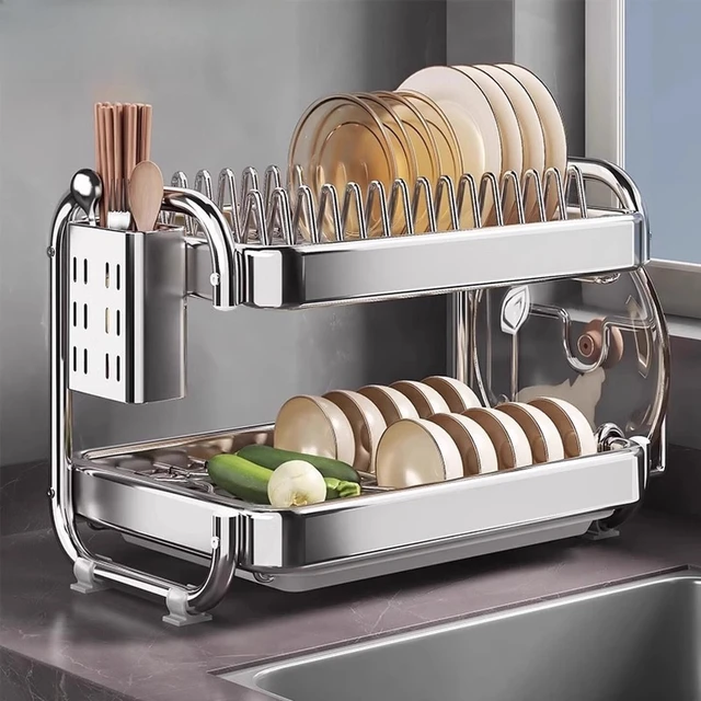 Égouttoir à vaisselle en acier inoxydable, organisateur d'évier de cuisine Compact et robuste avec plateau de Drainage, support de séchage pour assiettes, tasses et couverts 1