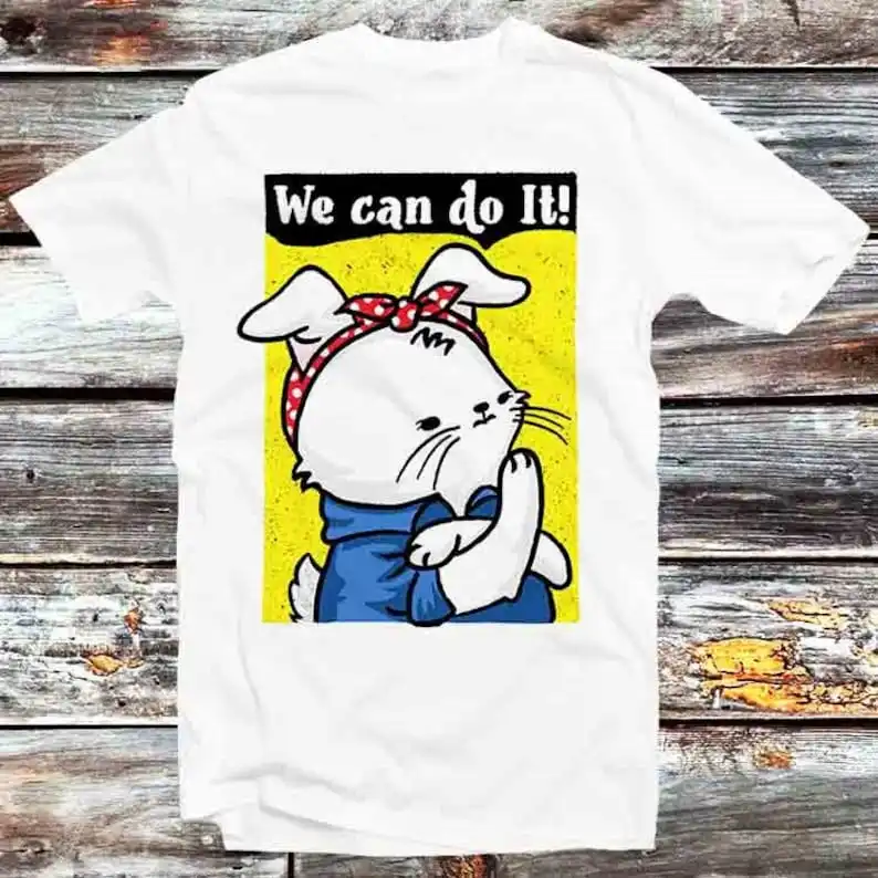 

We Can Do It Meow White Cat T Shirt Vintage Retro Cool Gift Mens Womens Unisex Cartoon Anime Top Tee B374