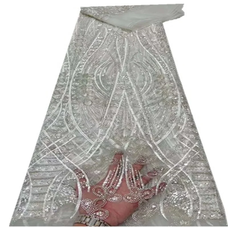 

2023 Высококачественная африканская кружевная ткань с блестками Нигерия вышитая последовательная Тюль кружевная ткань для свадебного платья FFJ19