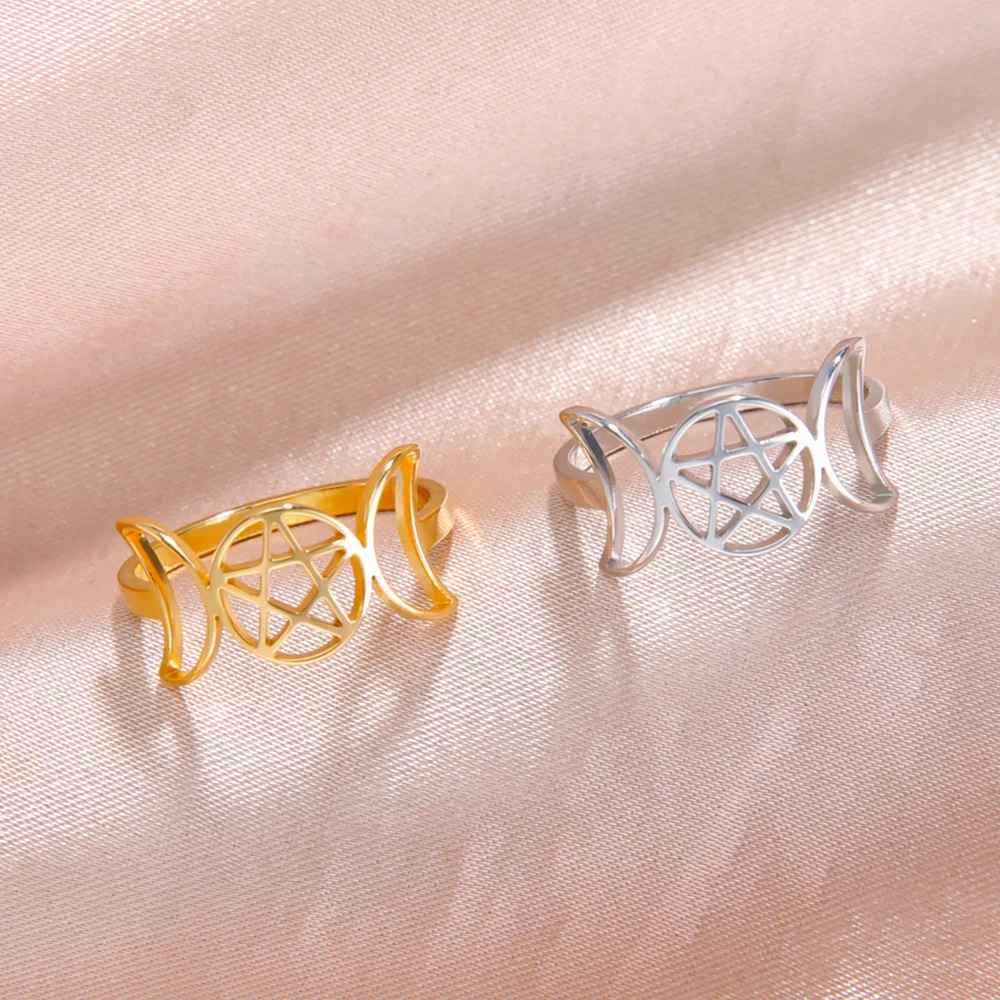 Jewelry Rings COOLTIME Pentagram Triple Moon Goddess Symbol Stainless Steel Crescent Star Vintage Wicca Women Men Gift