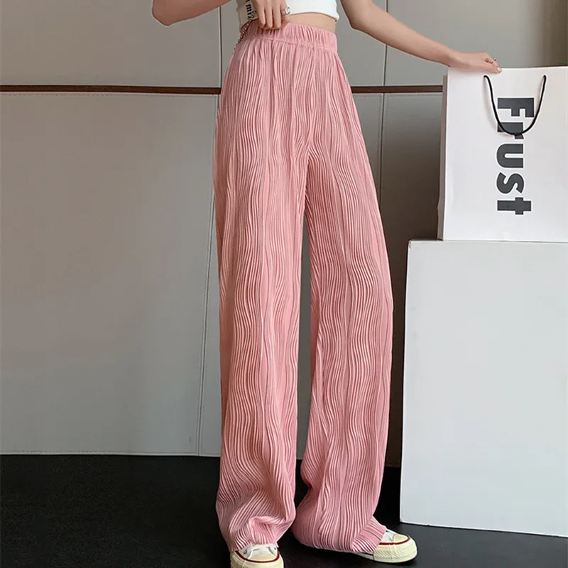 

Black Wide Leg Bottoms Women High Waist Causal Elastic Summer Elegant Pleated Palazzo Pants Stripe Full Length Trousers Clothes