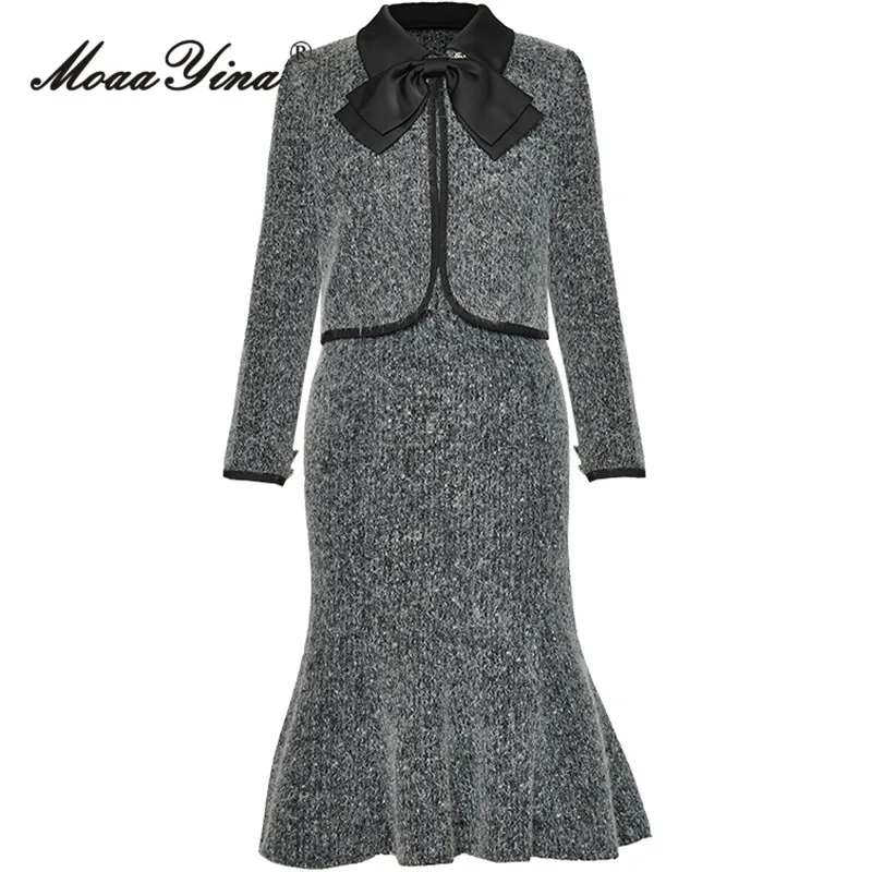 

MoaaYina Winter Fashion Runway Gray Vintage Skirt Set Women Lapel Brooch Bow Slim Top+Package Buttock Mermaid Skirt 2 Pieces Set