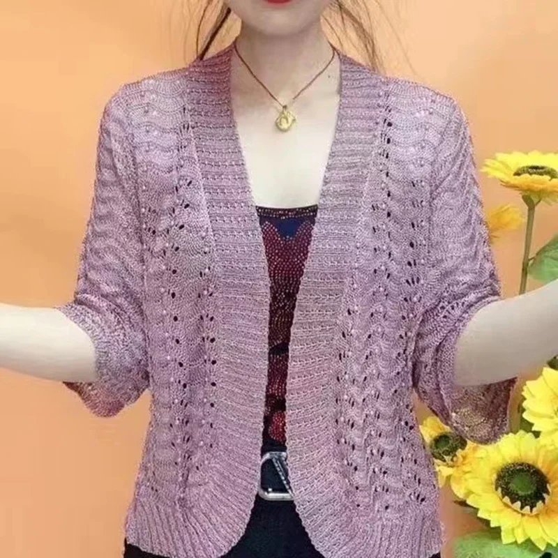 

Spring Summer New Ice Silk Knit Cardigan New Women Middle-Aged Mothers Solid Color Shawl Hollow Sunscreen Coat Female Tops V699