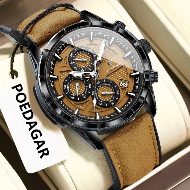 POEDAGAR luxe haut hommes montre-bracelet Quartz Original en cuir hommes montres Date chronographe étanche lumineux homme montre mâle + boîte 1