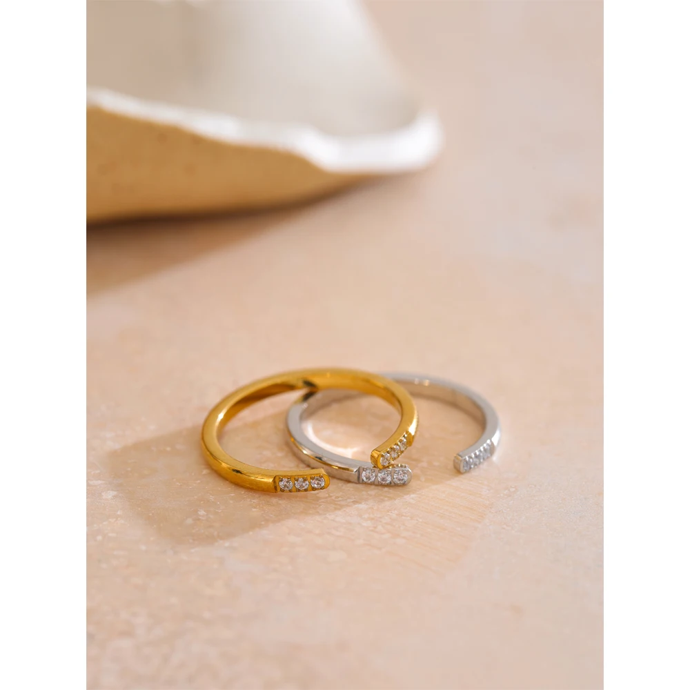 Yhpup Adjustable Stainless Steel Zirconia Open Thin Ring Gold & Platinum Plated