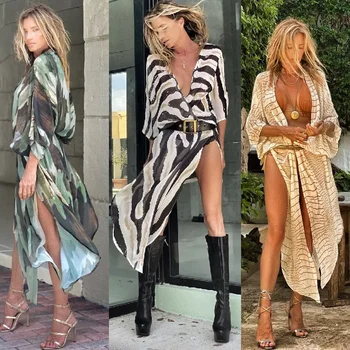 2021 Bikini Cover-ups Bohemian Printed Long Cardigan Plus Size Chiffon Tunic For Women Holiday Beach Wear Sexy Swimwear Cover Up 1