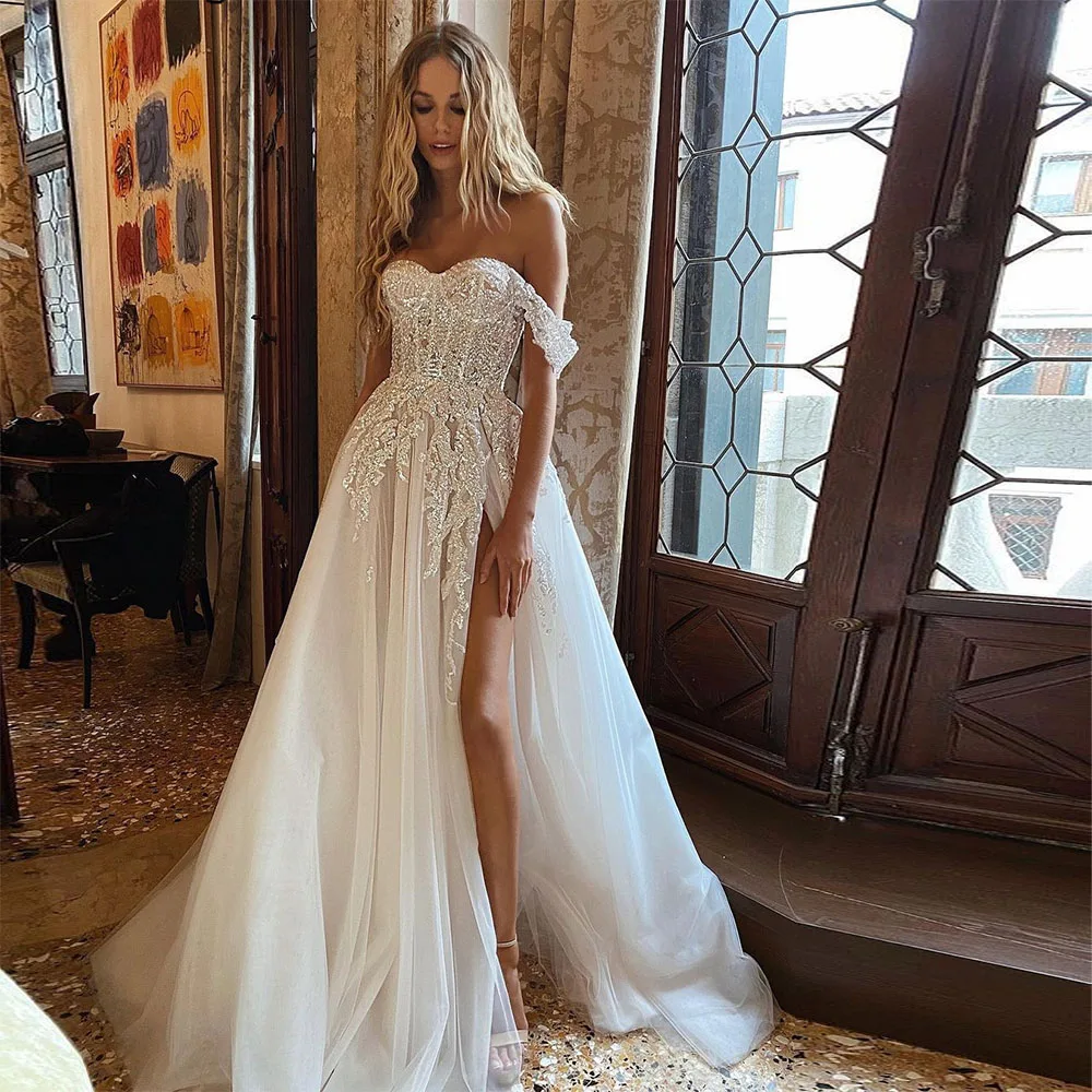 Women's A-Line Chiffon Beach Wedding Dress – Boho Lace Bridal Gown With Slit, Plus Sizes Available