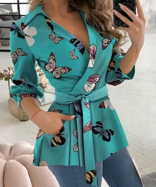 

Fashion Woman Blouse 2023 Spring Butterfly Print Casual Turn-Down Collar Long Sleeve Tie Detail V Neck Pocket Design Daily Shirt