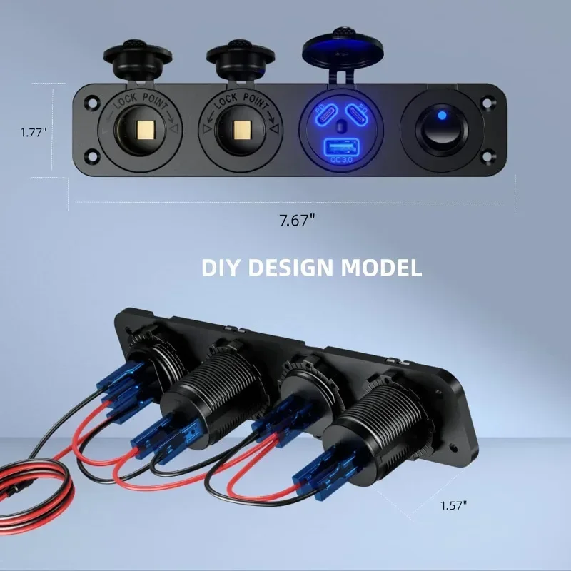 Presa Accendisigari 12V Con Doppia USB E Voltmetro Digitale LED Blu - Pannello A 3 Fori Impermeabile IP44 Per Auto, Barca, Camper