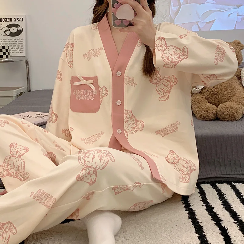 2024 Winter Autumn Cute Pajama Woman Sleepwear Long Sleeve Tops Pants 2 Piece Pyjamas Solid Lingeries Sets for Women Nightwear