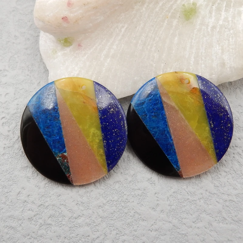 

Natural Gemstone Lapis Lazuli,Yellow Opal,Obsidian,Chrysocolla With Labrador Intarsia Earring Beads 29x5mm13.4g