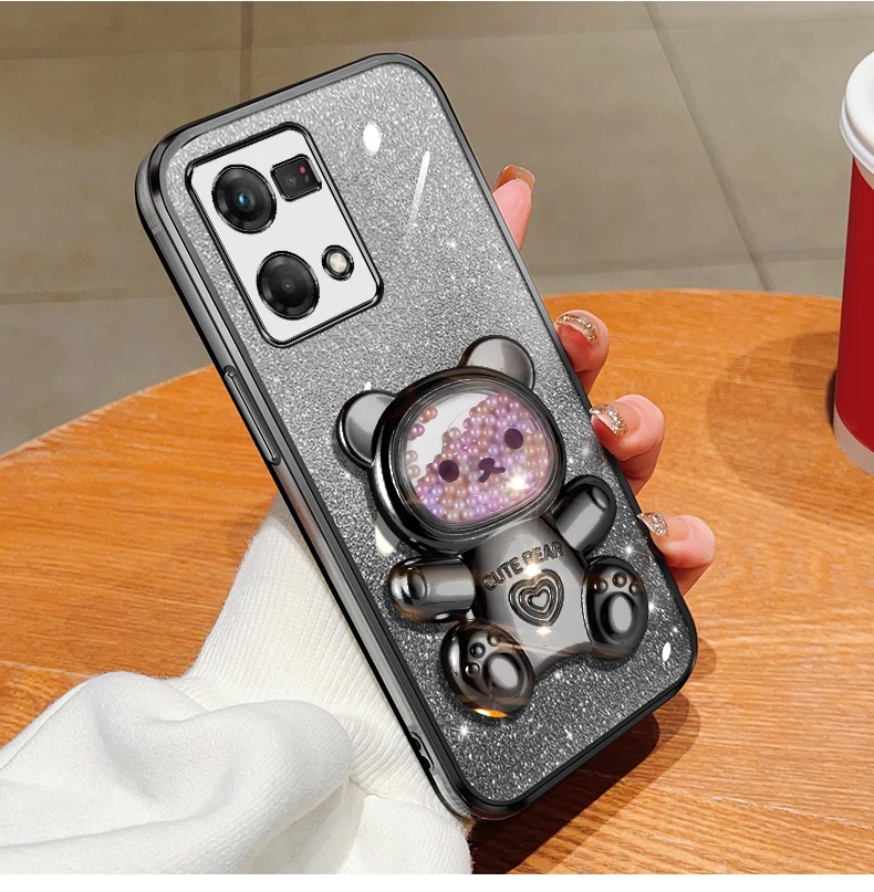 Coque de téléphone à paillettes Quicksand Bear pour Oppo 8T 4G 5G Reno 8 9 7 Pro Plus, support Reno9 Reno7 Reno8_voghion.com