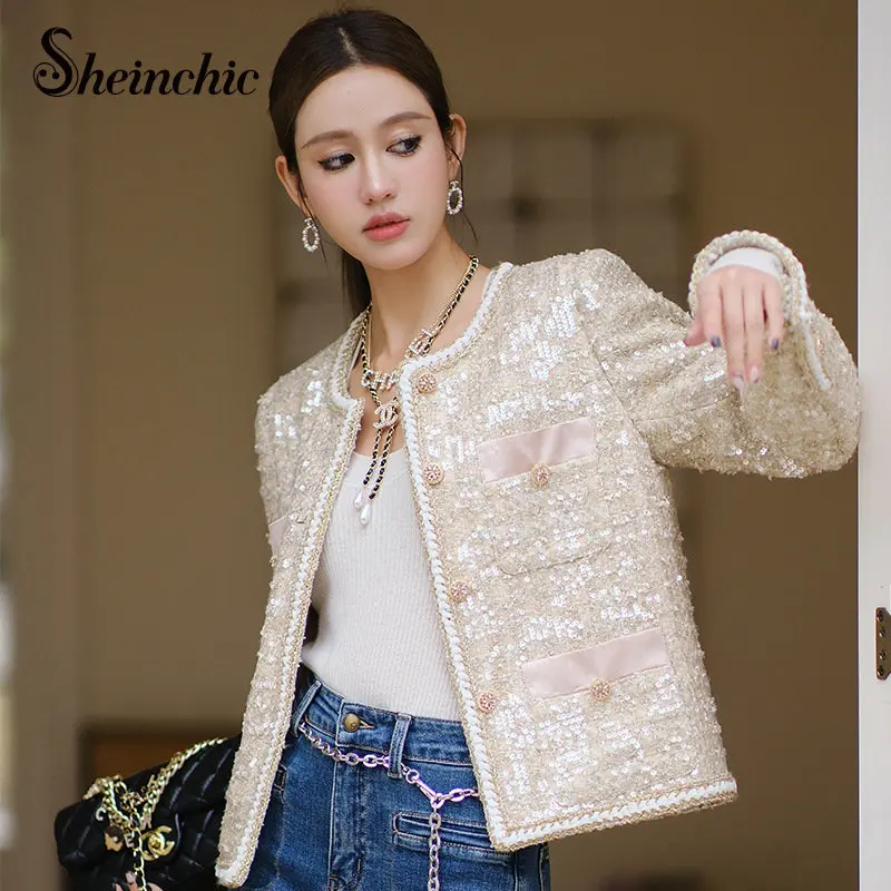 

Luxury Sequined Embroidery Jackets for Women 2022 High Quality Elegant O-neck Tweed Jacket Korean Fashion Jaqueta Feminina
