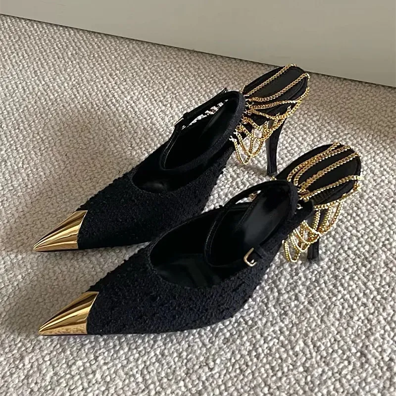 2024 Metal Chain Pointed High Heels, Women's Slim Heels, Niche Sexy Temperament, Wrapped Sandals, Single Shoes