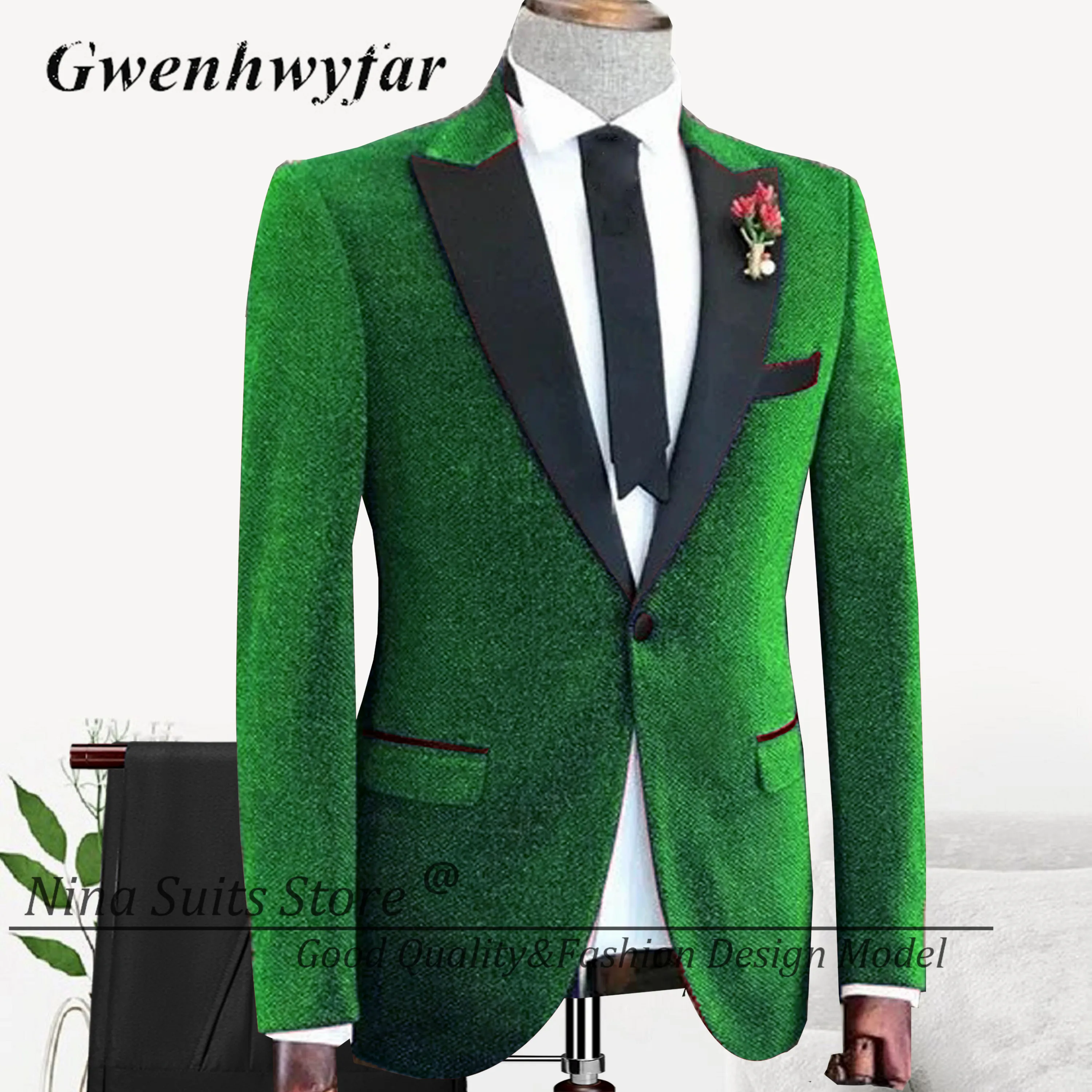 Nina Store Dark Green Glitter Blazer Suits Shiny Peak Lapel Groom Wedding Tuxedos Party Costume Best Men 2 Piece Set