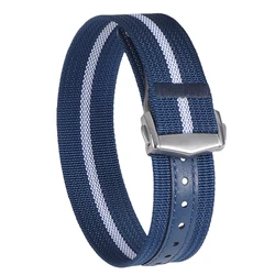 Ribbed Nylon Sailcloth Watch Strap with Stainless Steel Folding Buckle - 22mm (Blue white)