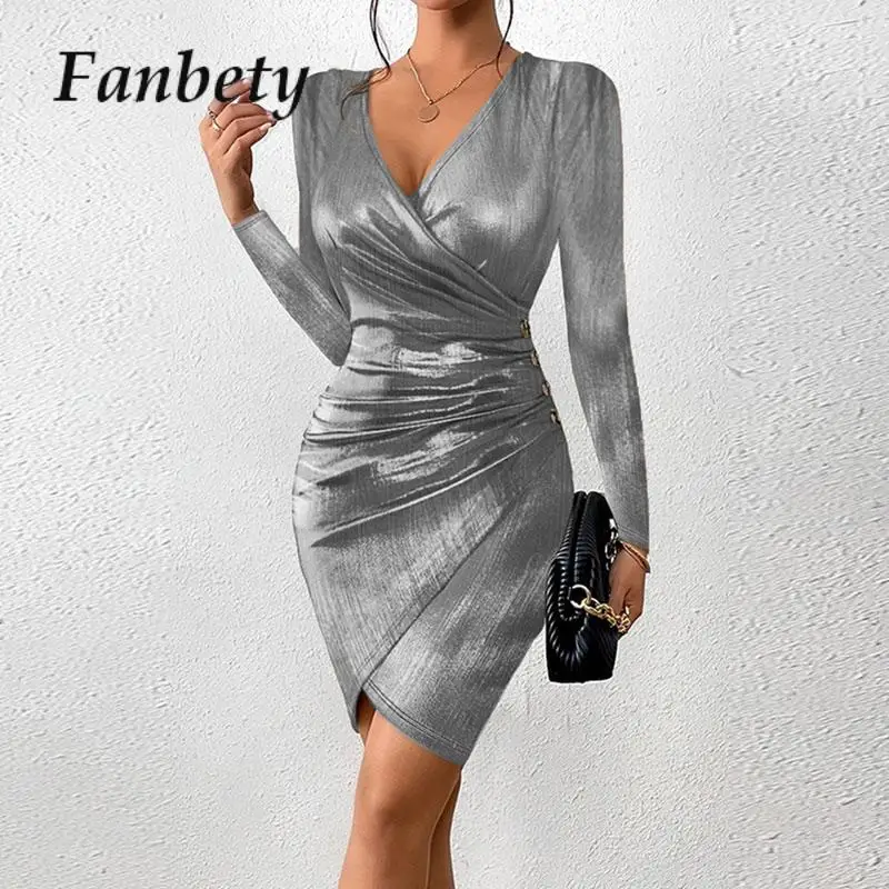 

2023 Elegant Office Lady V Neck Party Dress Commute Bodycon Irregular Midi Dress New Women Fashion Solid Long Sleeve Dresses