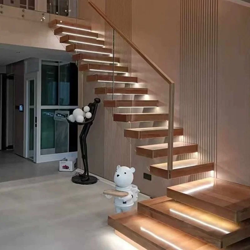 맞춤형 현대 디자인 실내 금속 계단, 막대 난간이 있는 직선형 나무 계단, 욕실, 지하실, 호텔용
