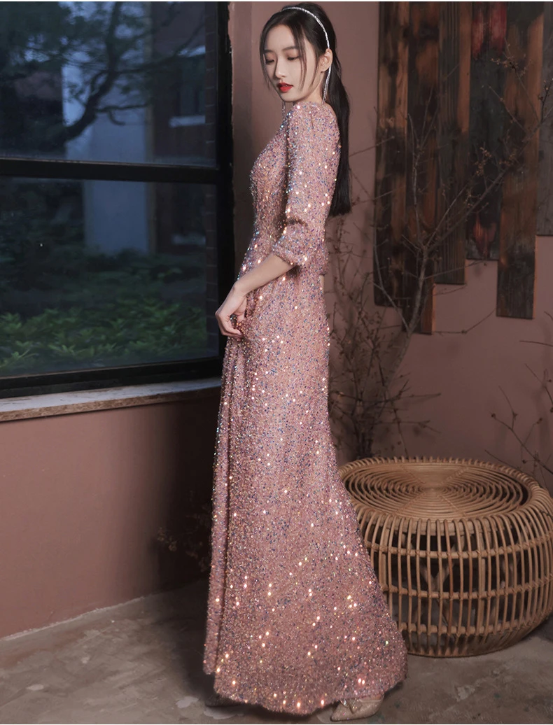 

Female V-neck Annual Meeting Host Female Long Sleeve Formal Elegant Prom Party Long Sequined Shiny Maxi Women's Evening Dress