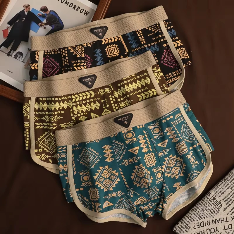 Men's boxer comfortable briefs design vintage print elastic underwear mid waist underpants retro ethnic style