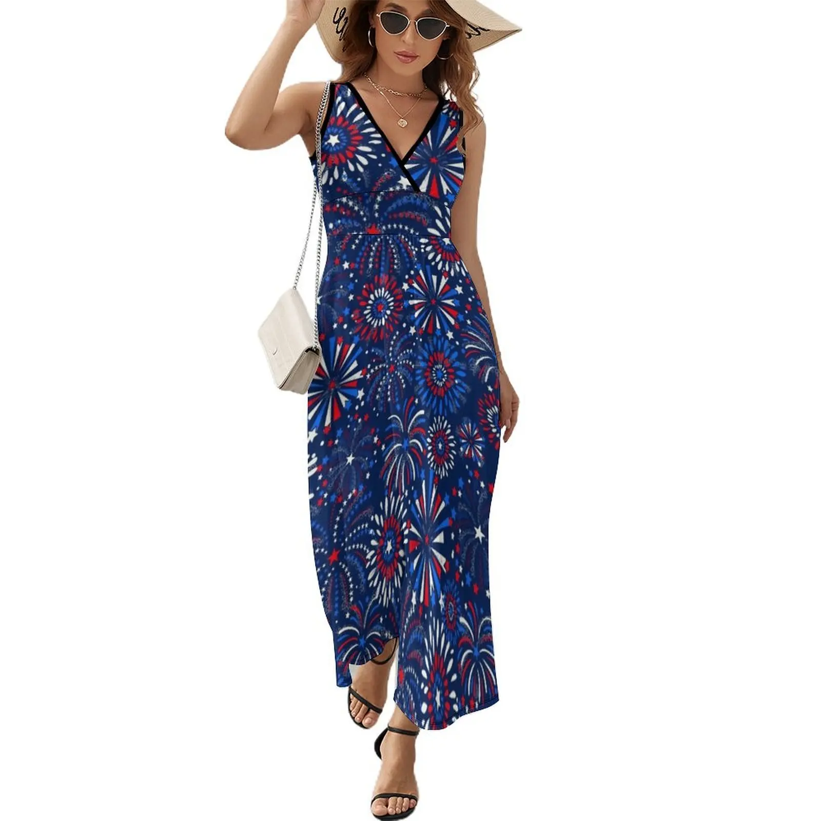 

Red White & Blue fireworks Sleeveless Dress women's clothing trend 2024 women's evening dresses Party dresses Long dress