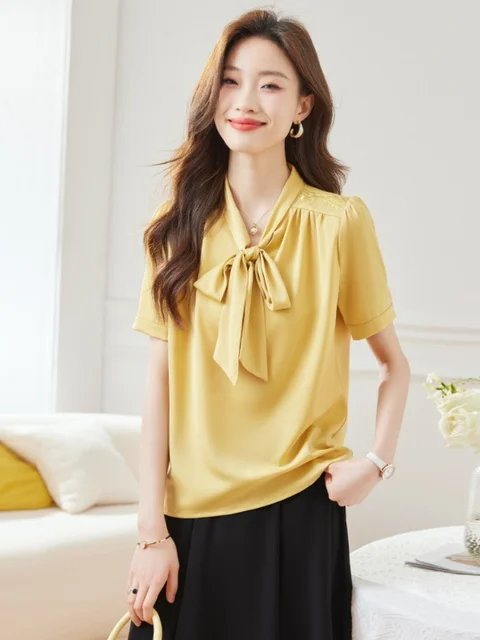 Blusas femininas de verão com laço e gola V