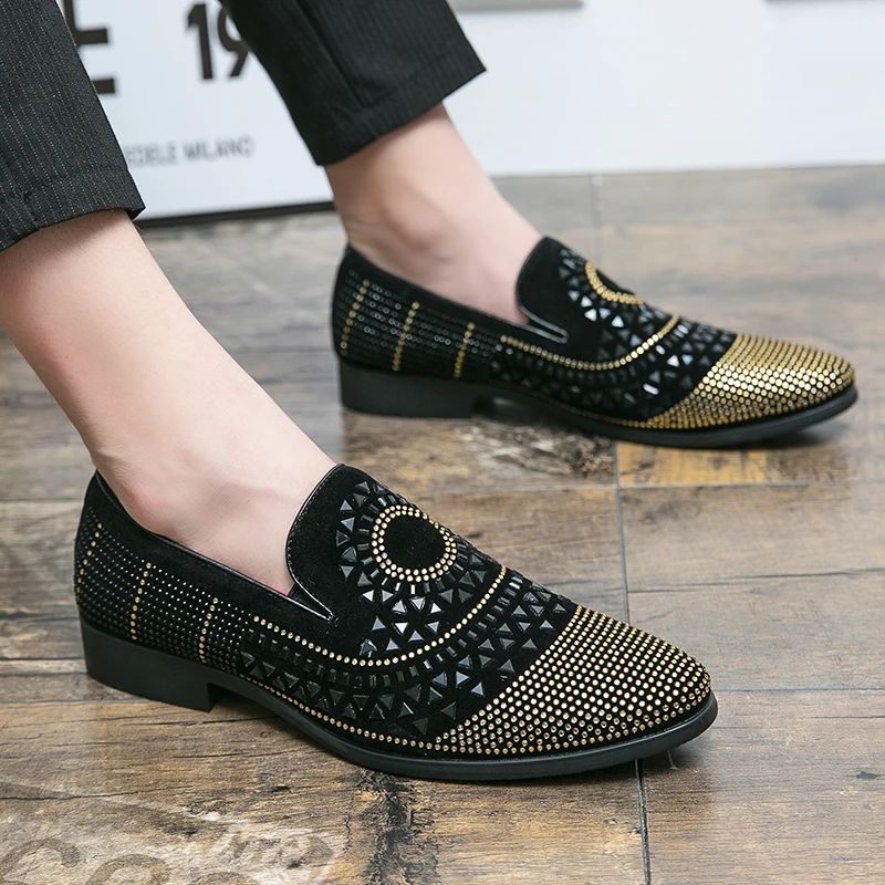 Brand Noble Black Rhinestone Men Dress Shoes Velvet Crystal Luxury Moccasins Mens Loafers Office Business Party Man casual Shoes 3