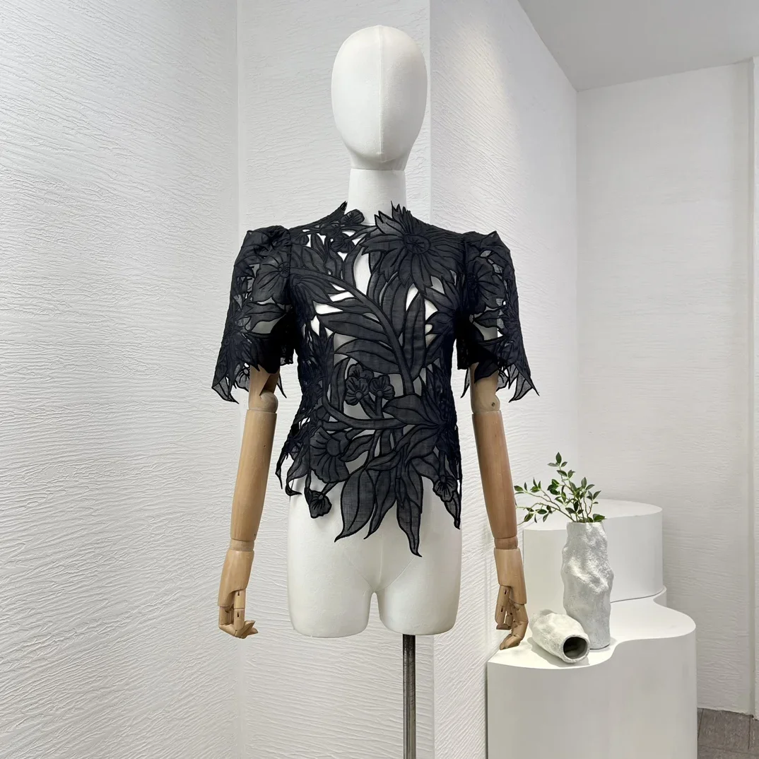 

Ramie 2024 New Summer Fashionable Black Embroidery Hollow Out Short Sleeve Women All-matching White Blouse Tops