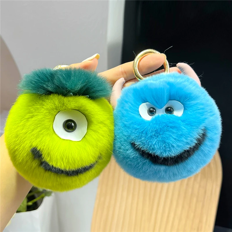 Cute Real Rex Rabbit Fur Ball Keychain Big Eye Monster Blue Fur