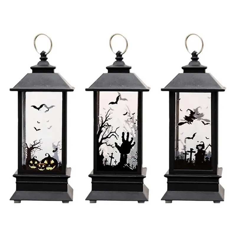 

Halloween Portable Lanterns Vintage Style Decorative Flameless Lamp With Spooky Silhouette Lighted LED Candle Lanterns Gifts