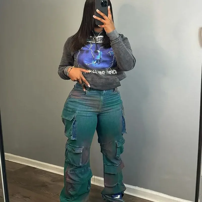 Tie Dyed Straight Leg Cargo Pants Women Streetwear 2023 Winter Fashion Multi 3D Pocket High Waist Jeans Casual Trouser