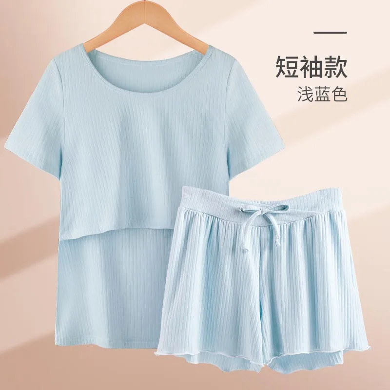 Maternity Summer Soft 95% Cotton Pyjamas with lift up Breastfeeding Nursing Sleepwear Lactation Clothes pijama maternidade