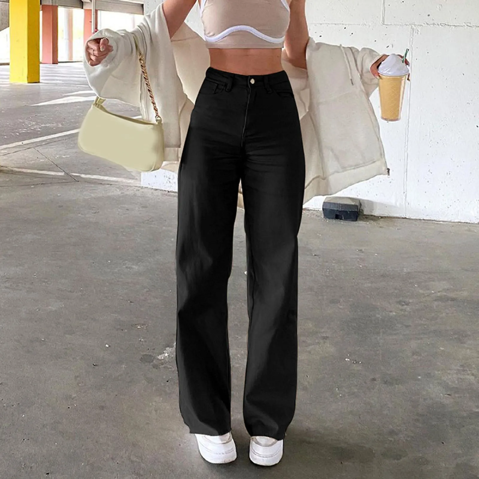 

Women Solid Color Jeans Sagging Loose Slim Waist Straight Leg Long Pants Women's Casual Jeans Trousers