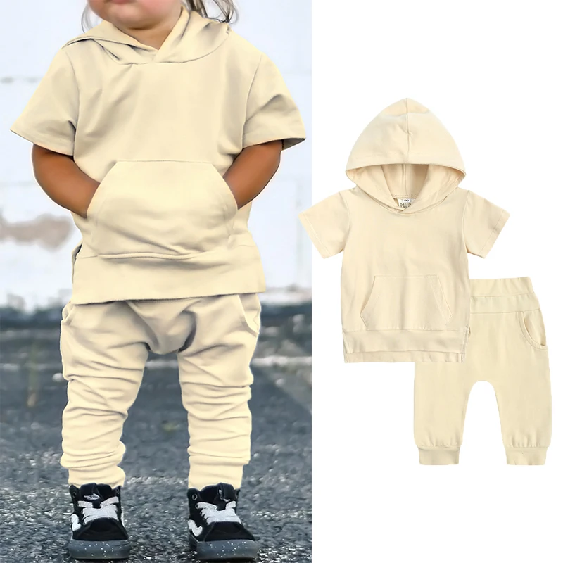 Toddler Boys Girls Short Sleeve Pocket Hooded Top T-Shirt + Shorts Set Little Kids Outfit 2Pcs Summer Tracksuit Sweatshirts 1-7Y