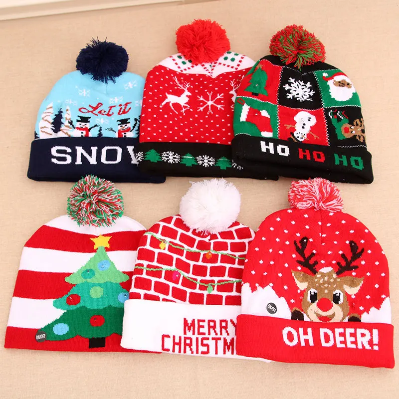 New LED Christmas Hat Christmas Flash Light Up Knitted Hat Christmas Gift for Kids/Adults 2024 Xmas New Year Party Decorations